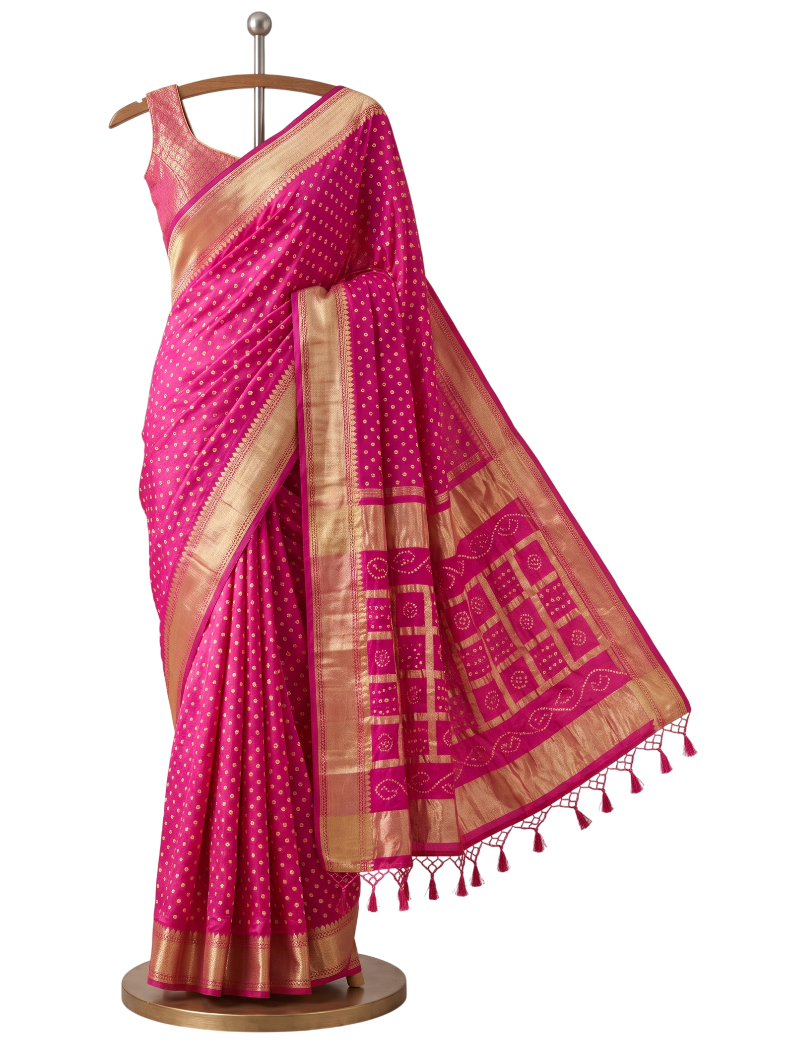 4 Chokda bandhani modal silk saree in rani pink with gold zari borders and a checked pallu, draped on a stand