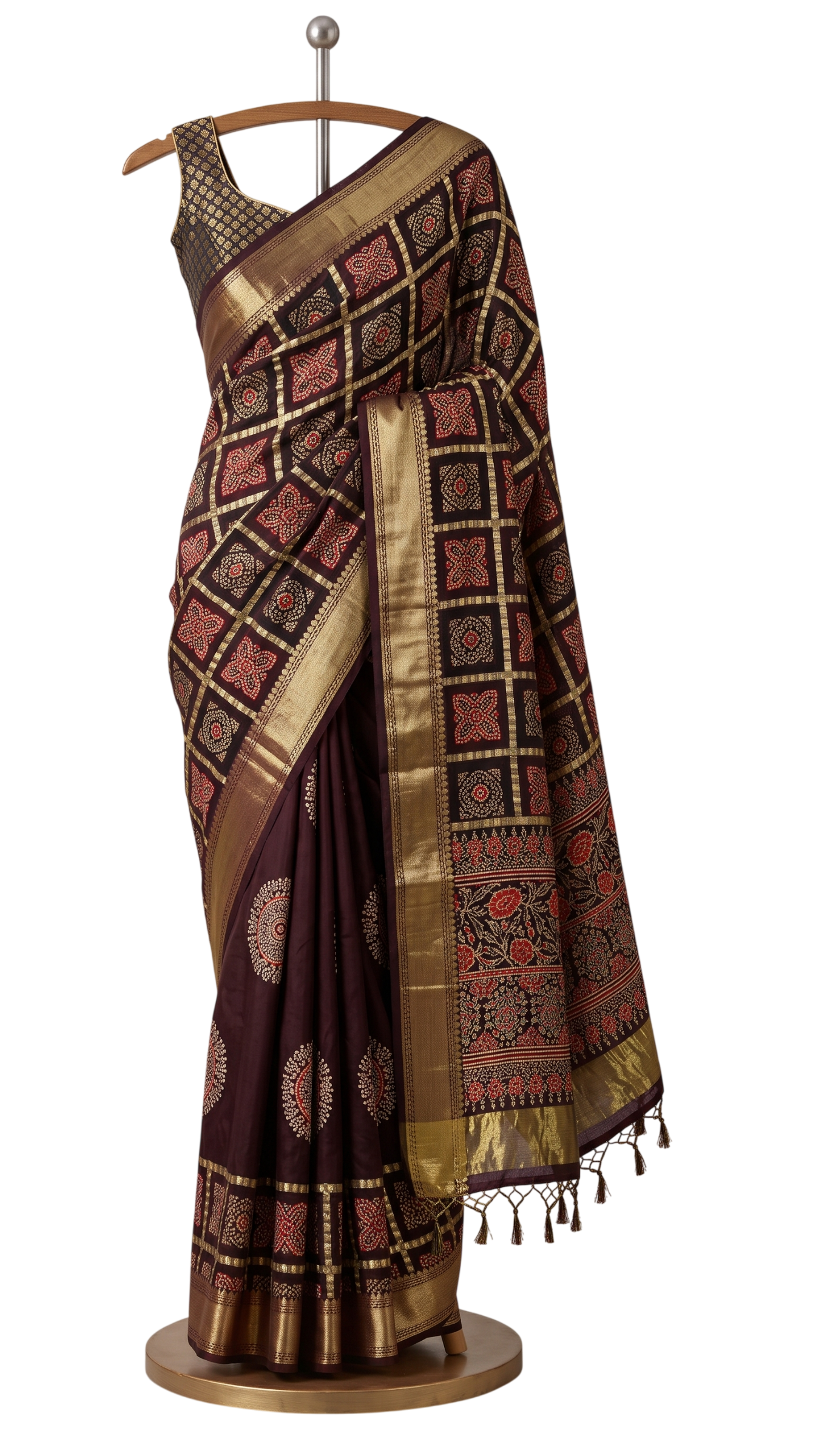 Frame Chokda zari silk saree in deep coffee with zari-framed bandhani squares and a floral pallu, draped on a stand
